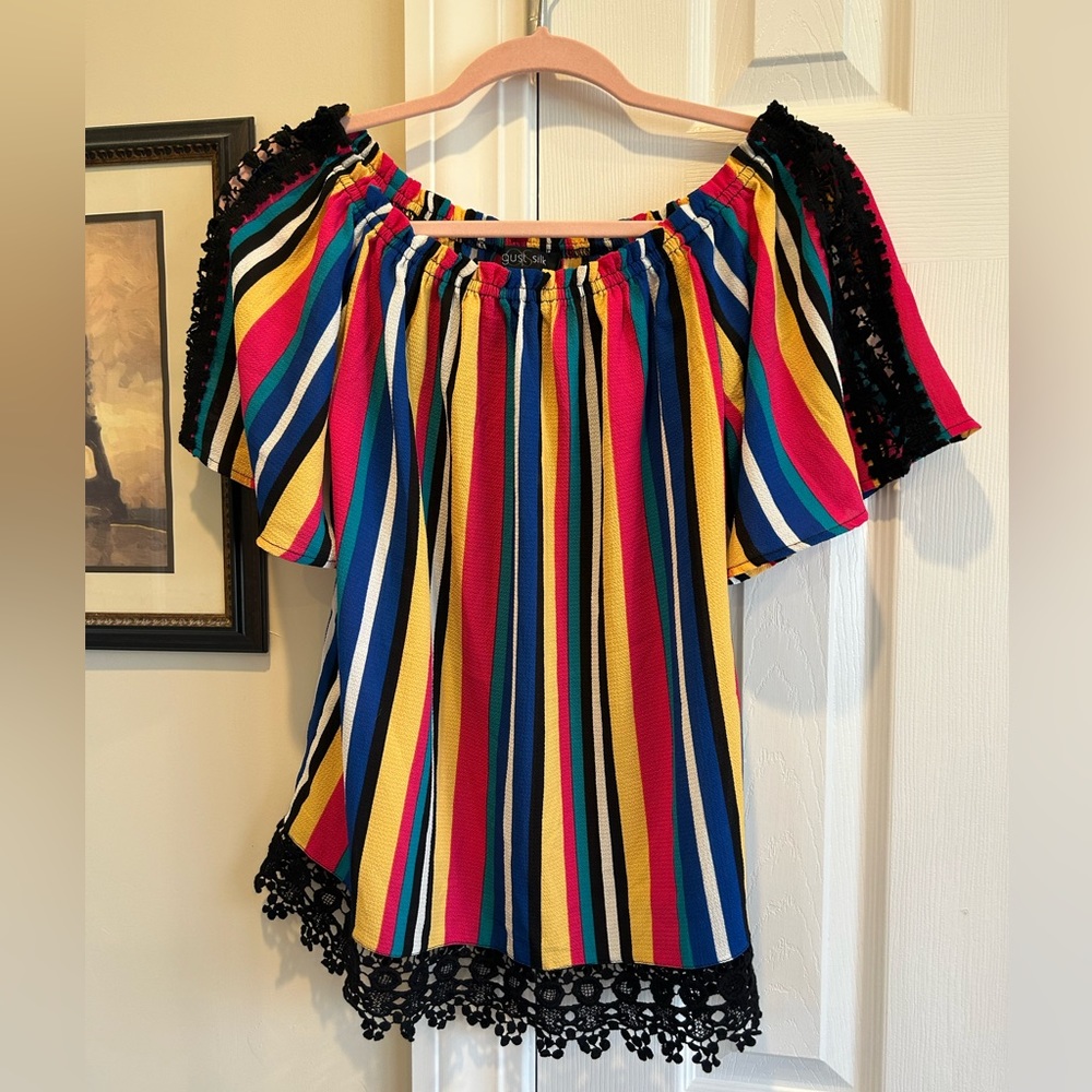Bright Colored Blouse with Black Lace Detail ❤️💙💛🖤